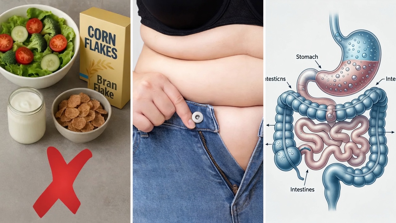 Three-panel image: 'healthy' diet foods marked with a red X, a woman struggling to button her jeans over her stomach, and a clinical medical illustration of a bloated, gas-filled stomach and intestines