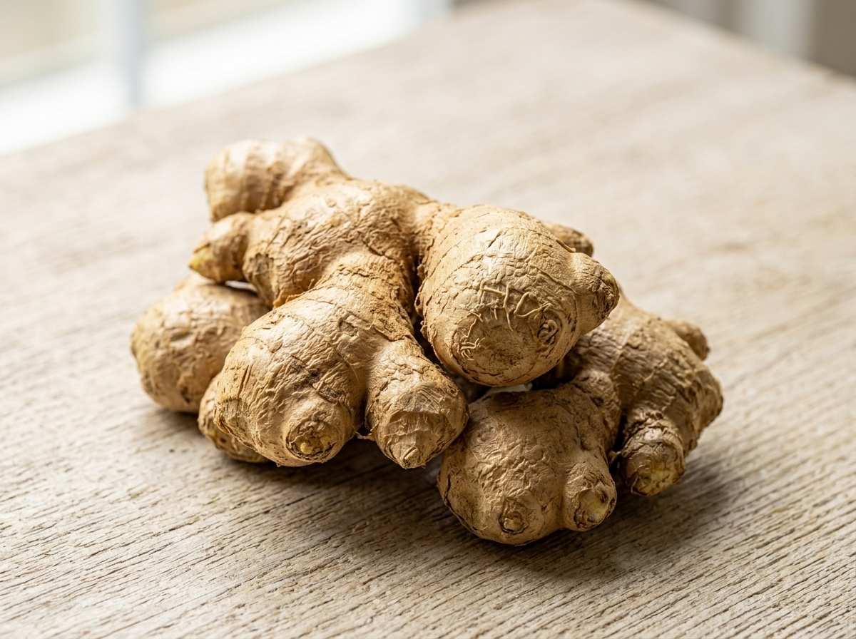 Close-up of fresh ginger root with surrounding space on a light surface