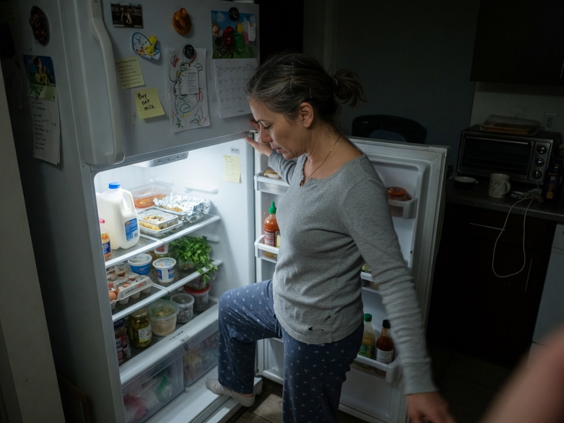 Candid nighttime photo of a woman looking into her open fridge