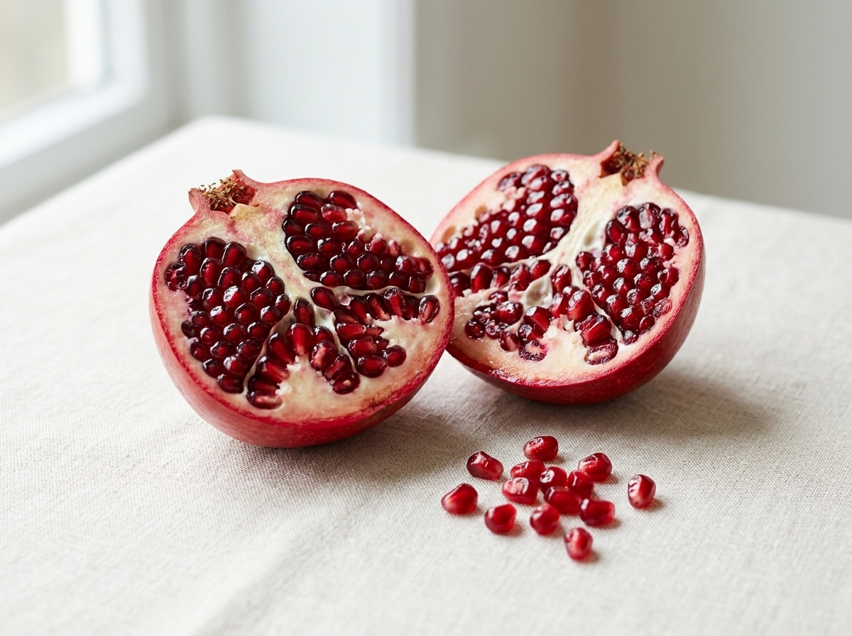 Cut-open pomegranate with glistening ruby seeds and surrounding space on a light surface