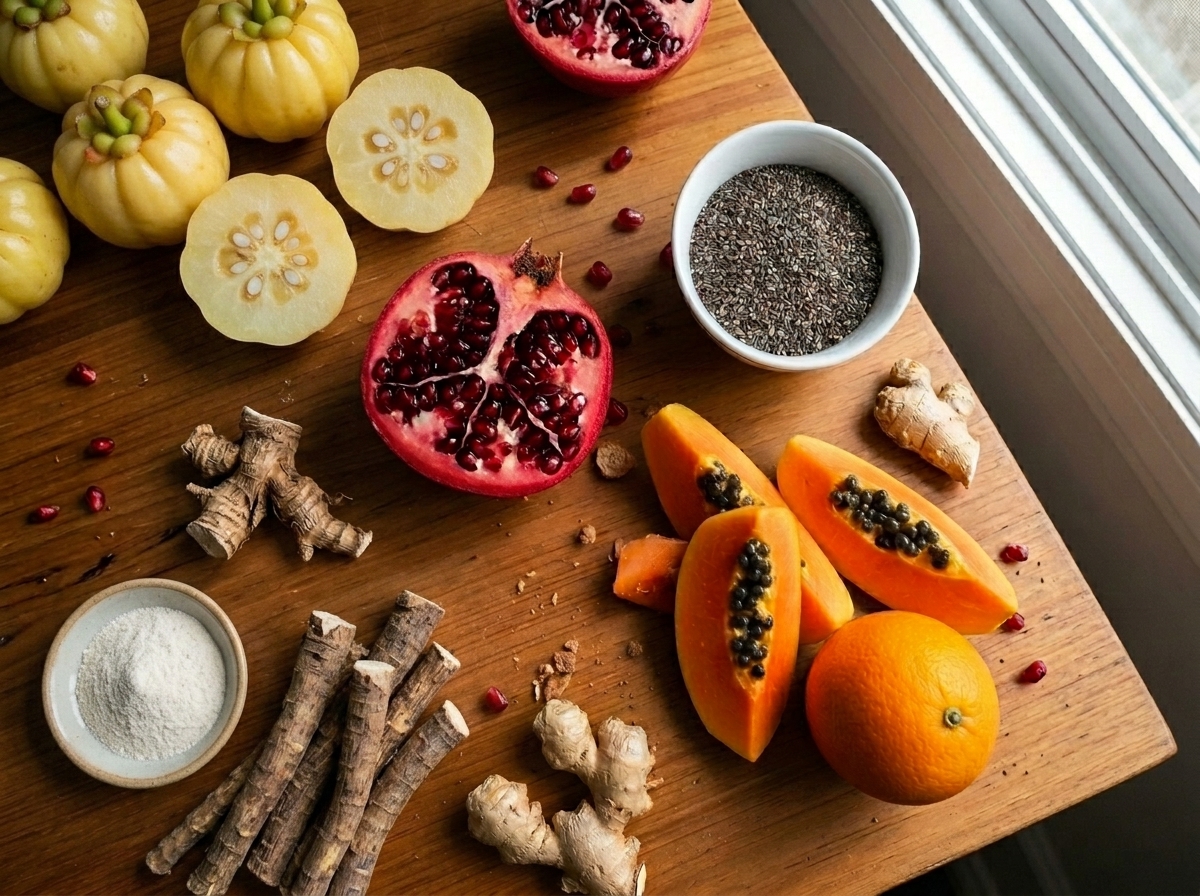 Flat lay of garcinia, pomegranate, chia seeds, papaya and chicory root