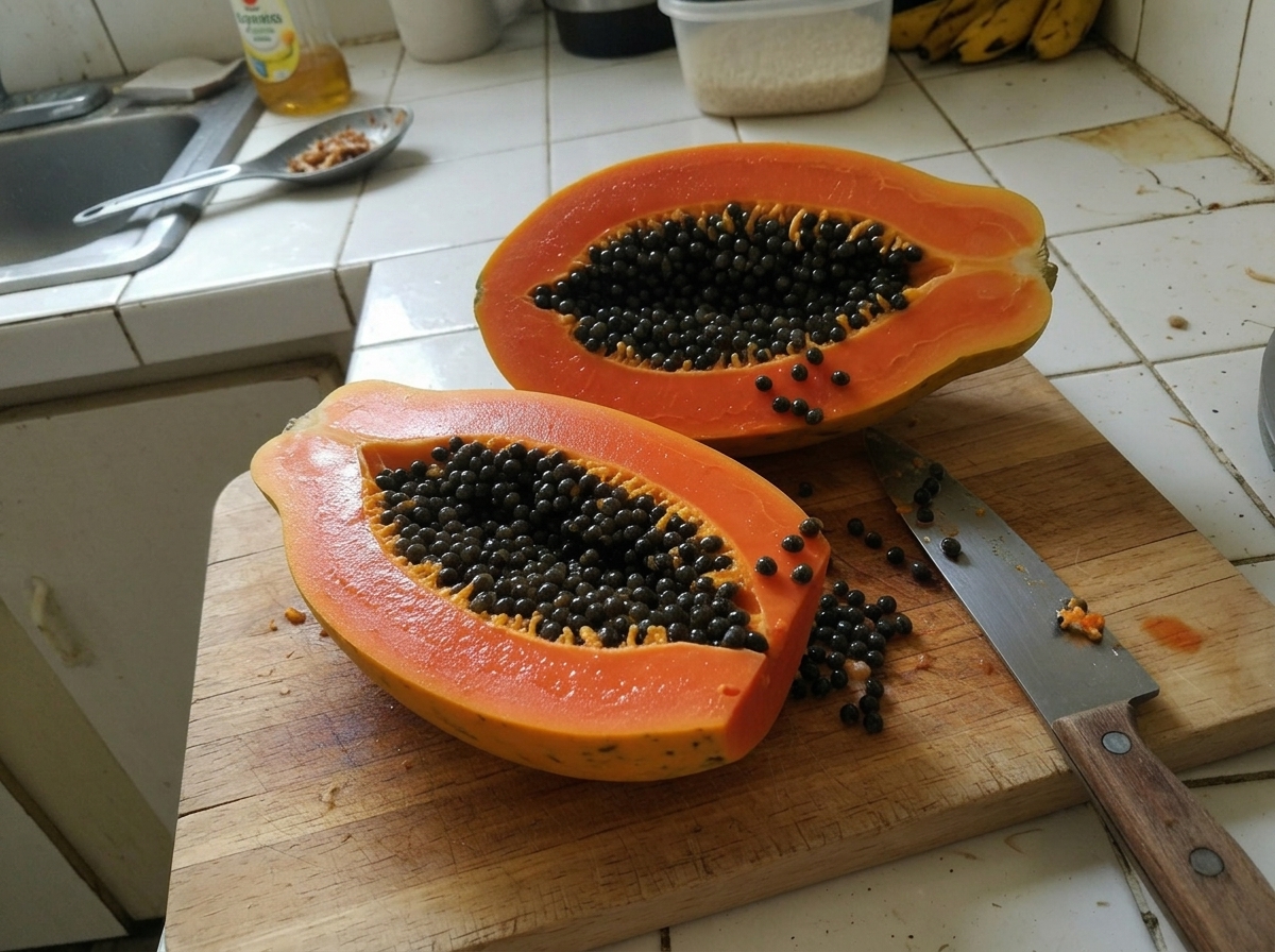 Ripe papaya sliced in half