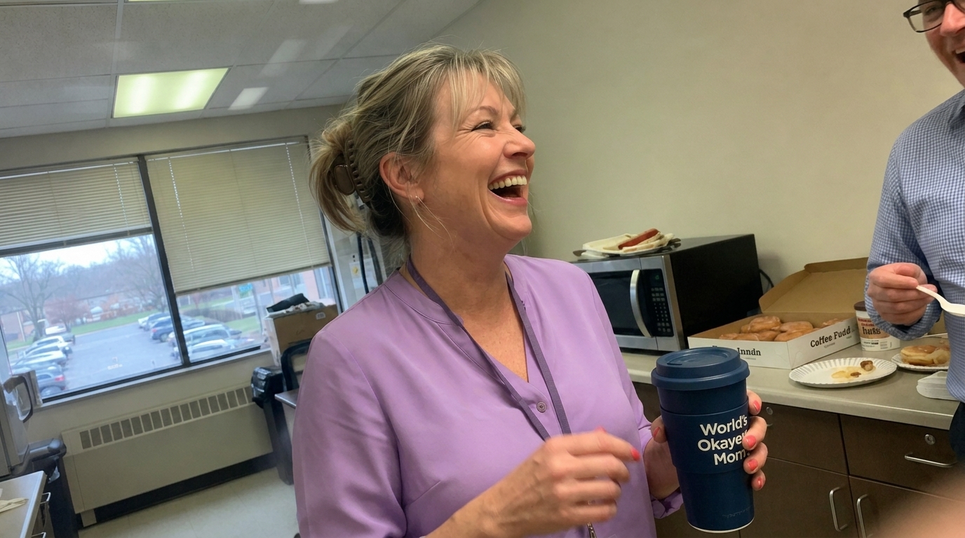 Diane laughing in the office break room with her coffee mug, clean plain wall behind her