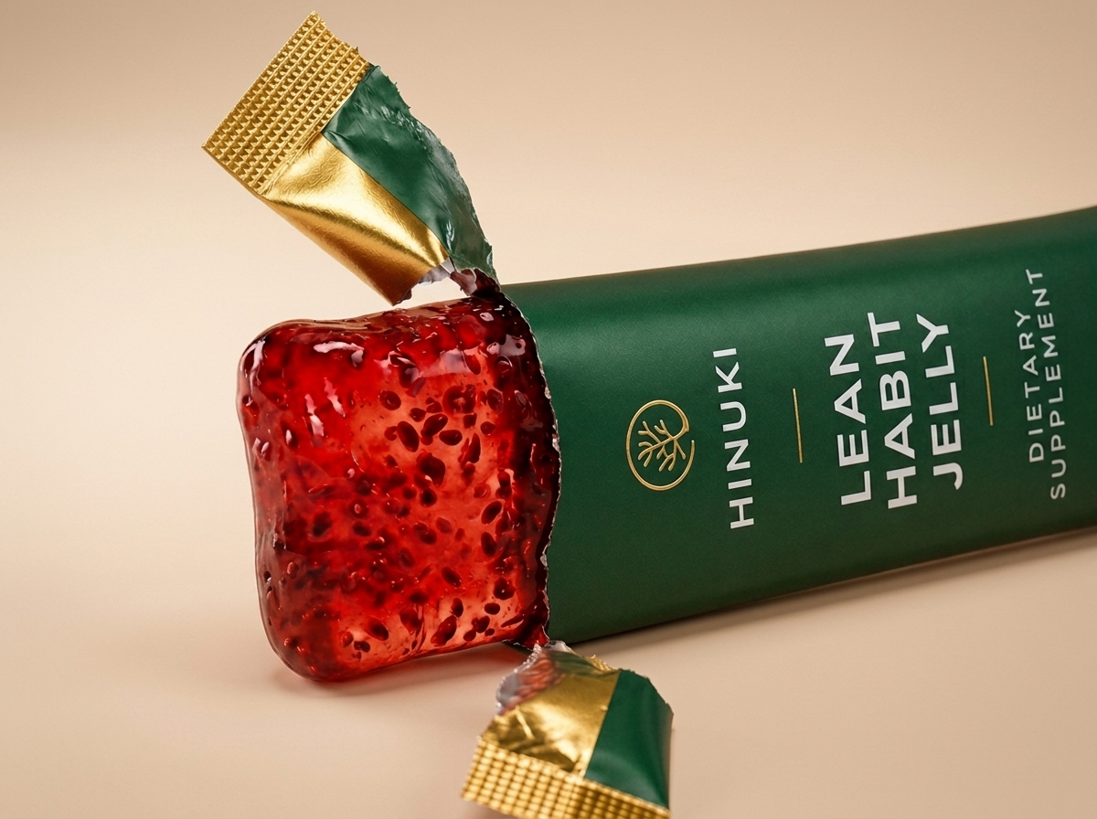 Hinuki Lean Habit jelly stick torn open with pomegranate jelly on a clean minimal background