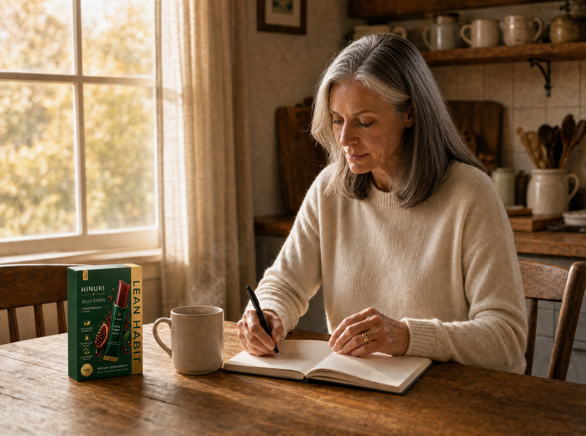 Diane writing in her food journal at breakfast, with a small emerald-green Hinuki Lean Habit jelly stick lying flat on the wooden table beside her coffee mug