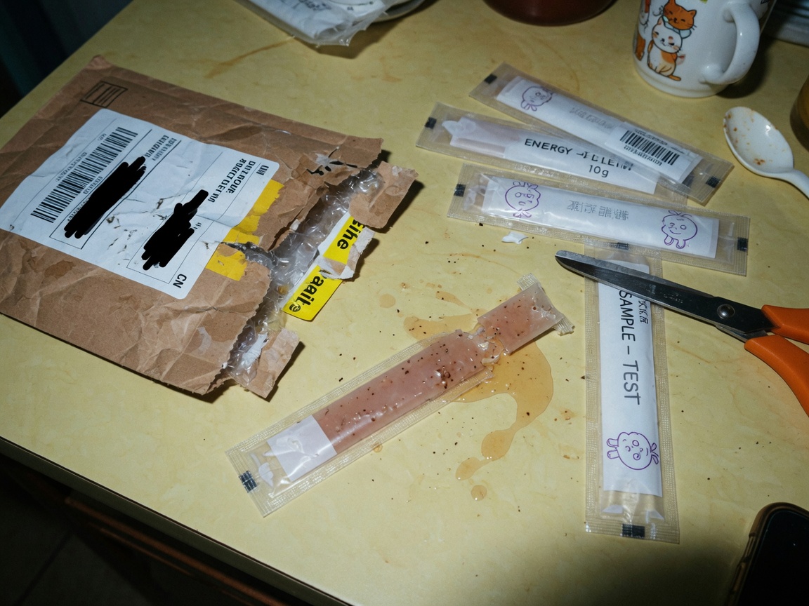 Unlabeled counterfeit supplement sticks under a magnifying glass